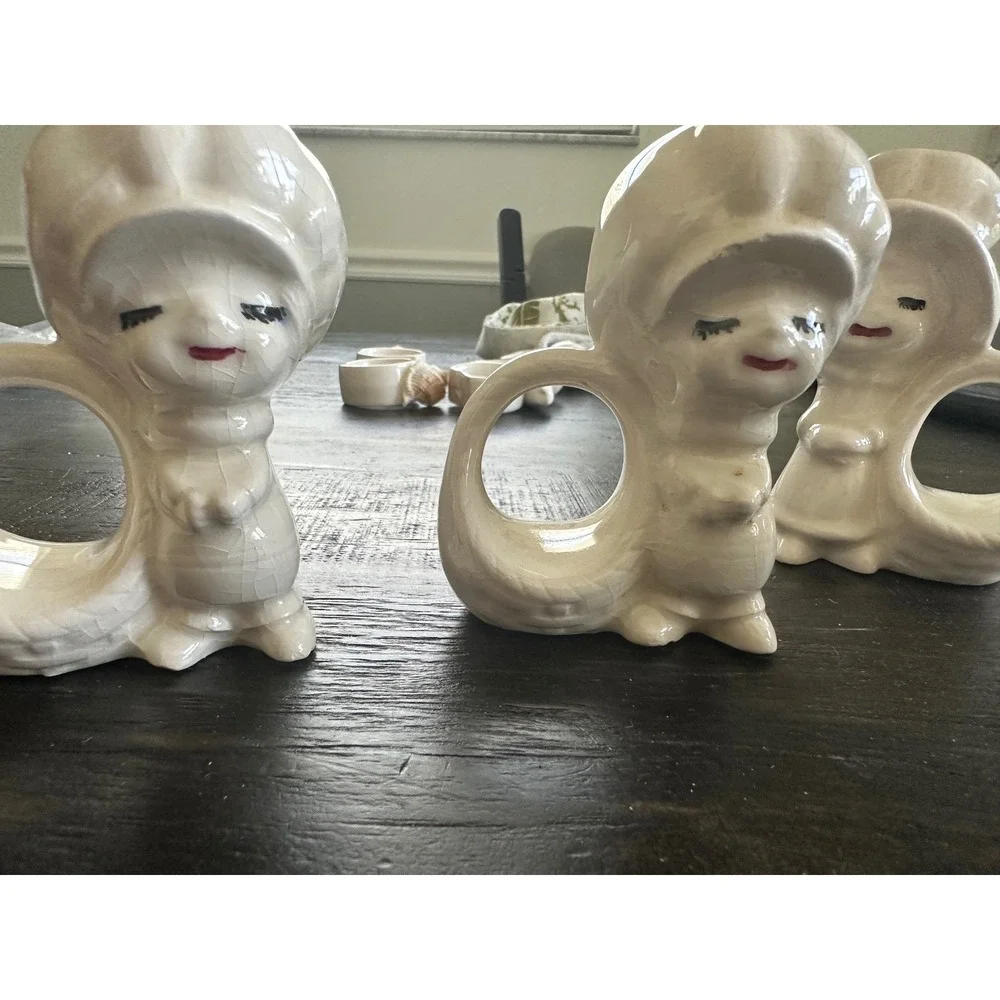 Vintage White Ceramic Sunbonnet Sue Girl Napkin Rings Set of 4 Mid Century Decor